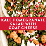 Christmas kale and pomegranate salad with goat cheese topped with candied nuts. Salad is in a serving bowl with wooden serving spoons.