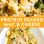 Creamy, protein-packed mac & cheese with broccoli and spinach.