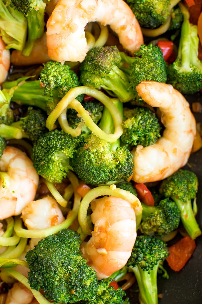 Healthy, broccoli noodle stir-fry with broccoli, carrots, peppers and teriyaki shrimp.