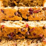 Slices of cranberry chocolate chip banana bread.