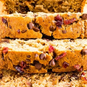 Slices of cranberry chocolate chip banana bread.