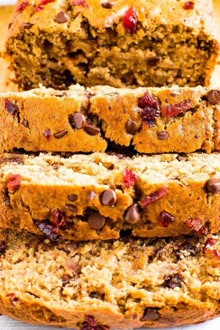 Slices of cranberry chocolate chip banana bread.