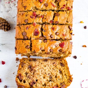 Slices of cranberry chocolate chip banana bread.