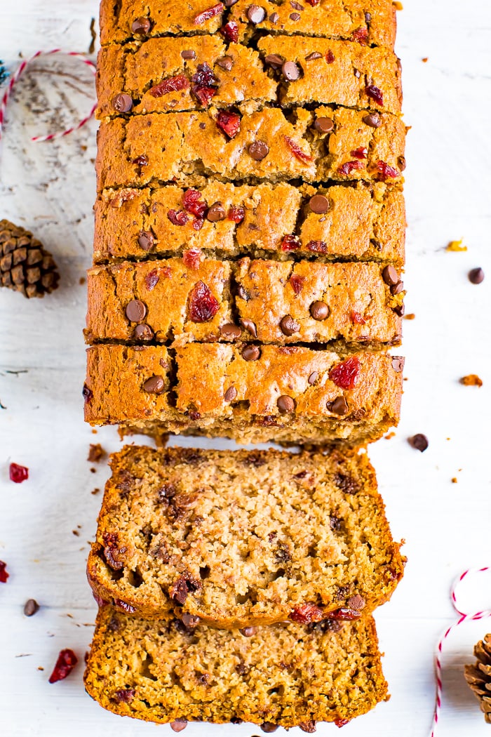Load of sliced cranberry chocolate chip banana bread.