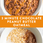 Ingredients for 3-minute chocolate peanut butter in a bowl before being cooked, and after being microwaved and topped with chocolate chips and a peanut butter drizzle.