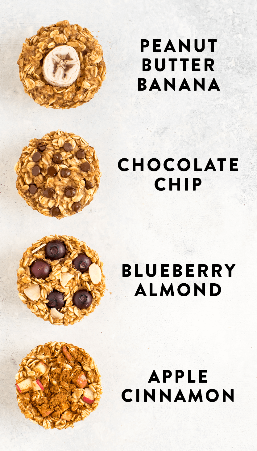 Baked oatmeal cups 4-ways including peanut butter banana, apple cinnamon, chocolate chip, and blueberry almond.