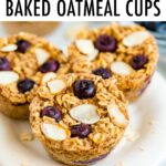 Three blueberry almond baked oatmeal cups on a plate.