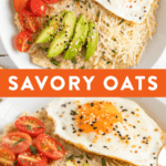 Savory oatmeal topped with avocado, tomatoes, herbs, a fried egg, parmesan, and everything bagel seasoning.