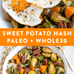 Breakfast hash on a plate with Brussels, pecans, sausage, and roasted sweet potatoes. One bowl is topped with two fried eggs and everything bagel spice.