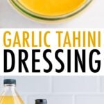 Jar of tahini dressing and a photo of apple cider vinegar, liquid aminos, nutritional yeast and tahini.