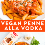 Penne alla vodka topped with a creamy, vegan tomato sauce.