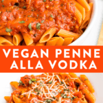 Creamy and healthy vegan penne alla vodka topped with fresh basil.