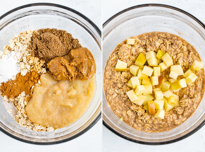 Side by side of ingredients for apple baked oatmeal cups in two bowls.