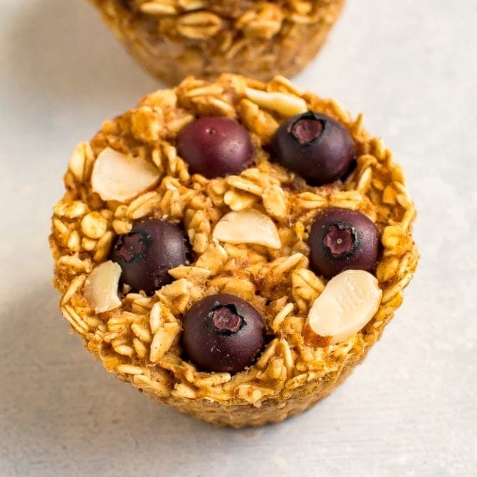 Blueberry almond baked oatmeal cup.