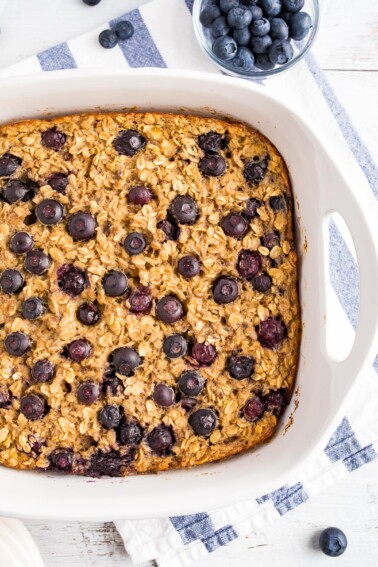 Dish with blueberry baked oatmeal.