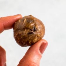 Hand holding a chocolate chip peanut butter protein ball. Behind is a bowl of a variety of protein balls.