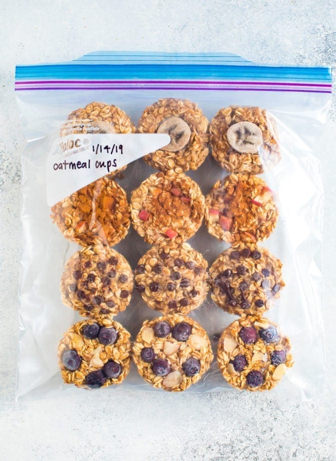 Baked oatmeal cups 4 ways in a freezer bag.