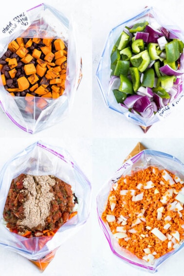 4 freezer bags with vegetarian freezer meals. Freezer meals include vegetarian chili, sweet and sour tempeh, Mexican quinoa bake, and red lentil butternut stew.