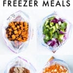 4 freezer bags with vegetarian freezer meals. Freezer meals include vegetarian chili, sweet and sour tempeh, Mexican quinoa bake, and red lentil butternut stew.