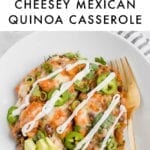 Slow cooker vegetarian Mexican quinoa casserole on a plate topped with melted cheese, sour cream, jalapeno, cilantro, green onions and avocado slices.