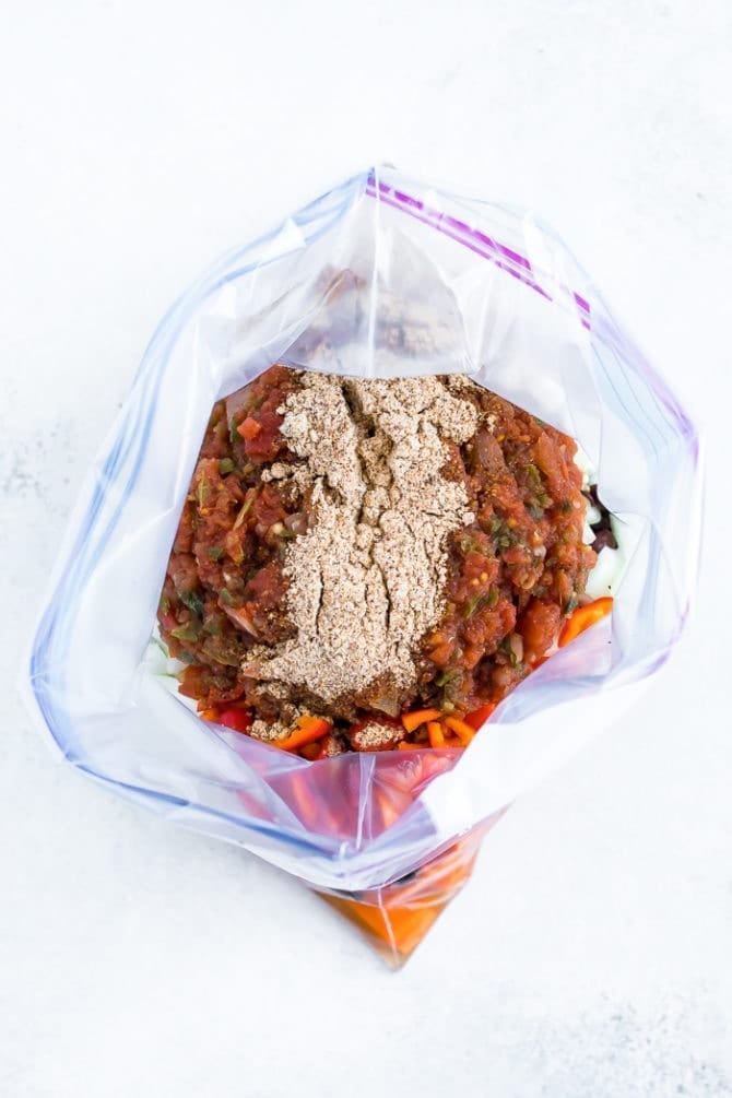 Cheesy Mexican Quinoa Bake freezer meal in a freezer bag.