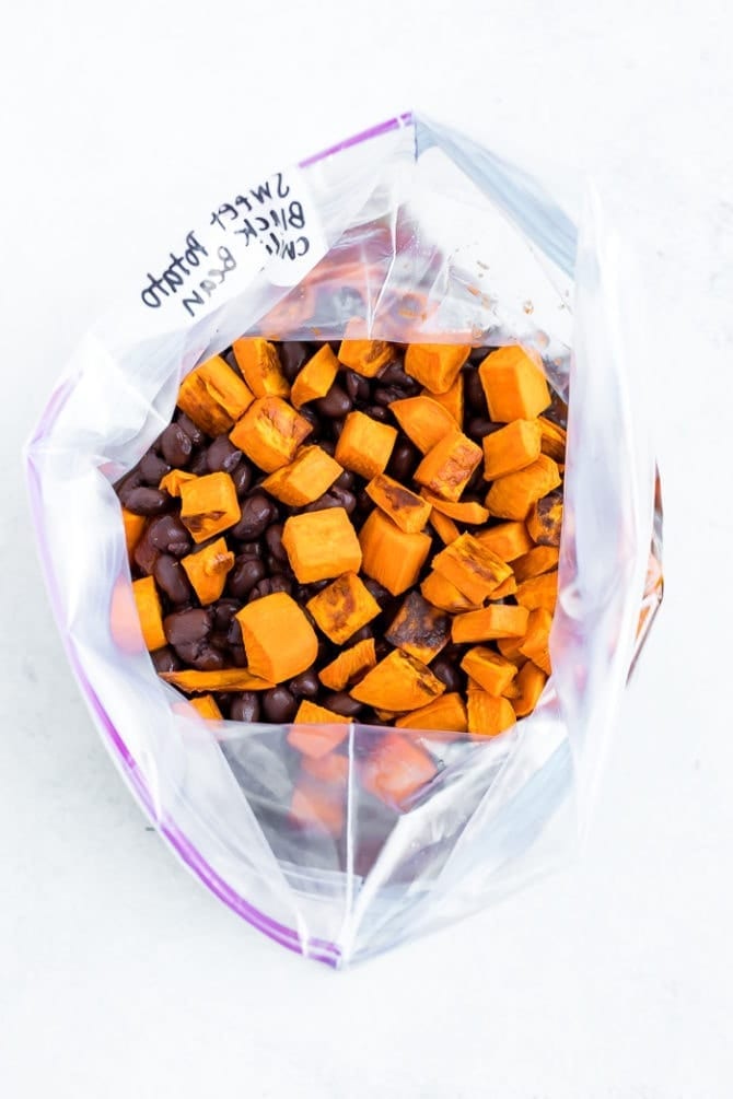 Freezer bag with sweet potato black bean chili. Freezer meal.