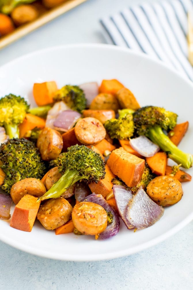 Plate with roasted chicken sausage, red onions, sweet potato, and broccoli.