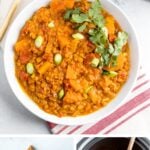 Red lentil butternut squash stew in a bowl, slow cooker and in a gallon freezer bag.