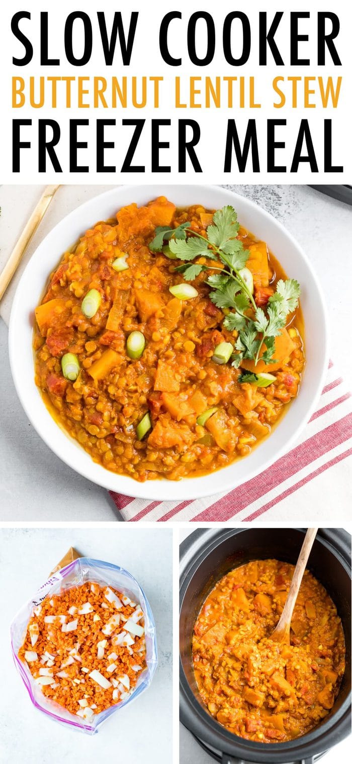 Red lentil butternut squash stew in a bowl, slow cooker and in a gallon freezer bag.