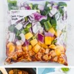Sweet and sour tempeh in a freezer bag, slow cooker and bowl.