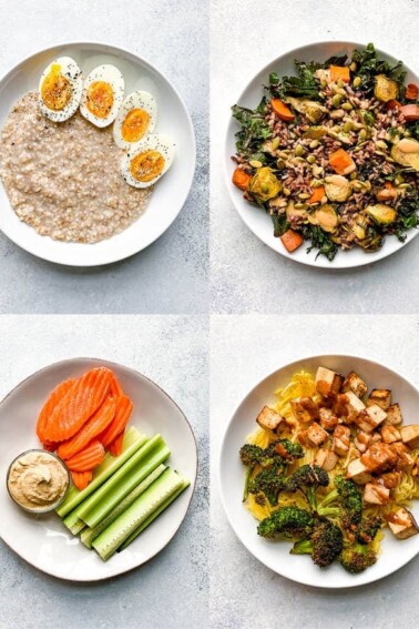 Four balanced meals-- eggs and oatmeal, a salad with veggies, veggies with hummus, and a bowl of spaghetti squash with tofu and broccoli.