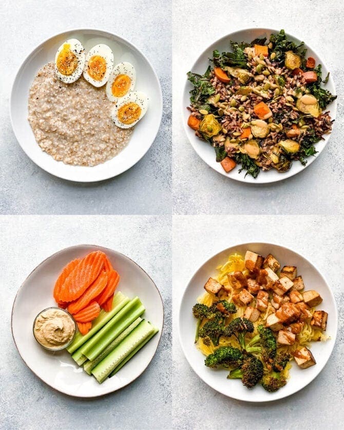 Four balanced meals-- eggs and oatmeal, a salad with veggies, veggies with hummus, and a bowl of spaghetti squash with tofu and broccoli.