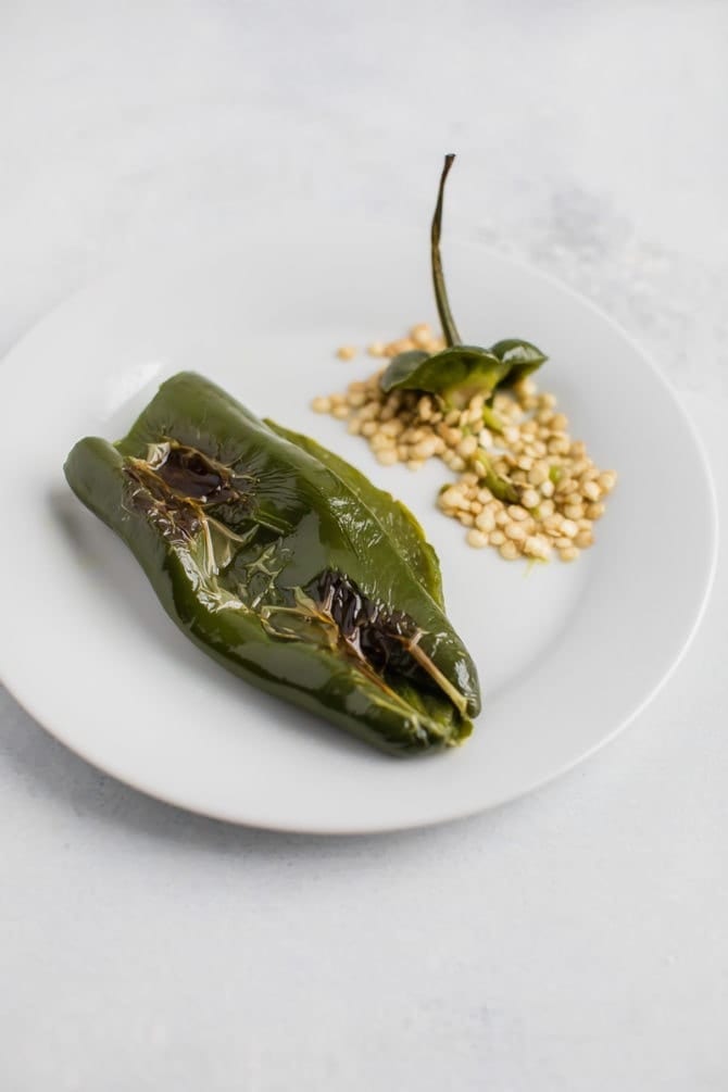 Roasted poblano pepper for tofu sofritas sauce. 