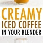 Cold brew and almondmilk creamer in a glass and being blended up in a blender.