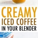 Glass of creamy, frothy, blended cold brew iced coffee with almondmilk creamer. Almond Breeze almondmilk creamer bottle.