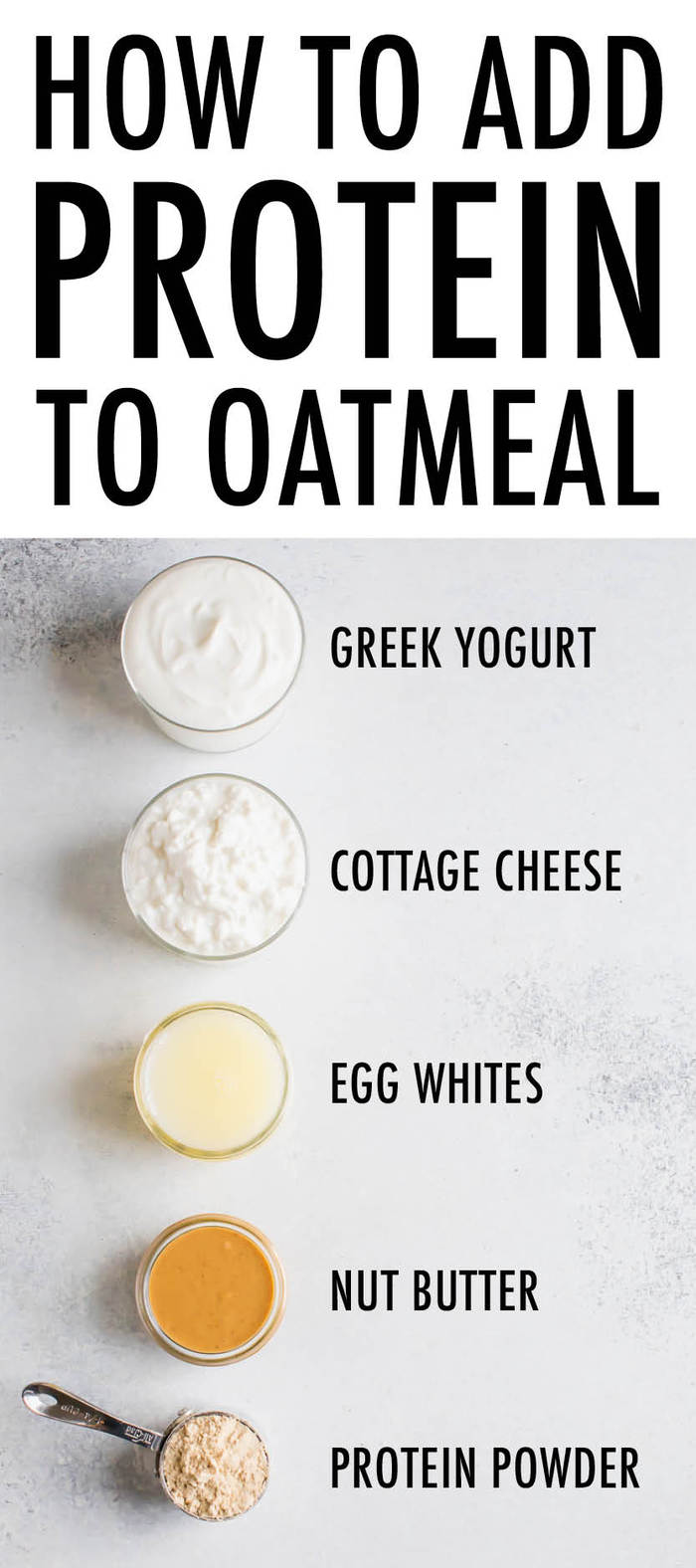 5 ingredients to add protein to oatmeal. Ingredients in bowls and spoons are greek yogurt, cottage cheese, egg whites, nut butter and protein powder.