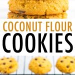 Stack of coconut flour cookies and cookies on a cooling rack.