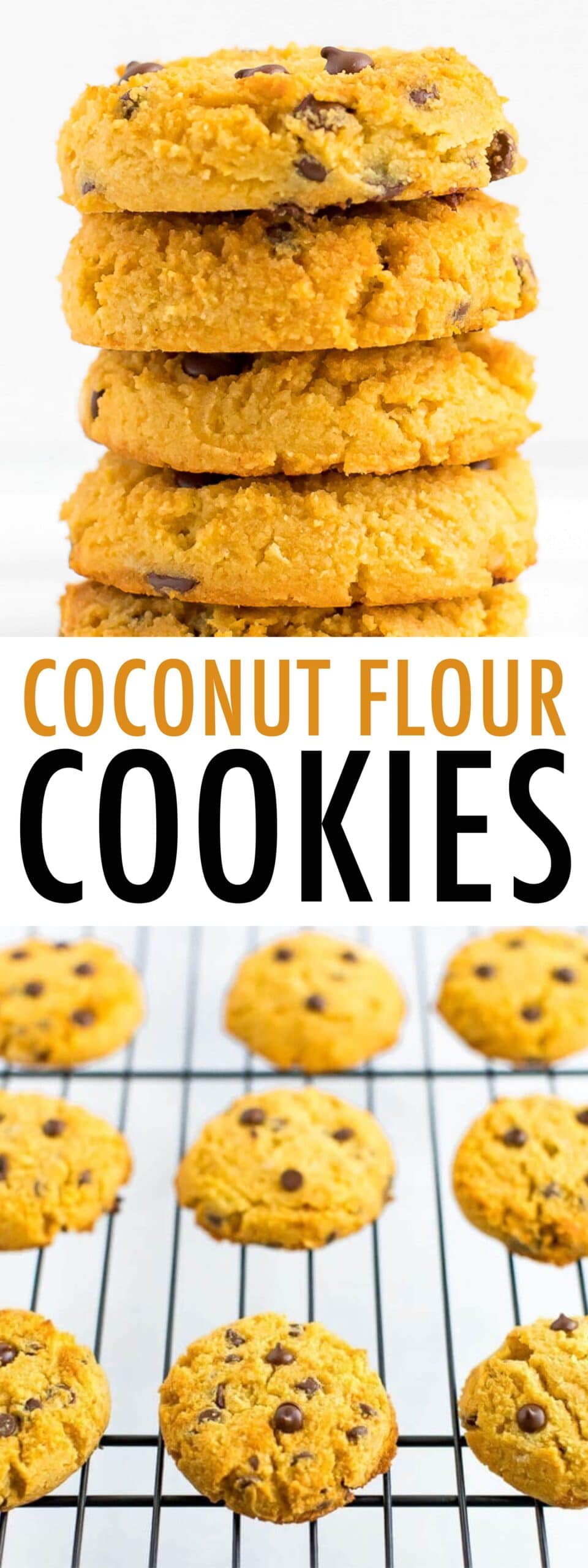 Stack of coconut flour cookies and cookies on a cooling rack.
