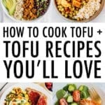 collage of photos of tofu recipes and caption