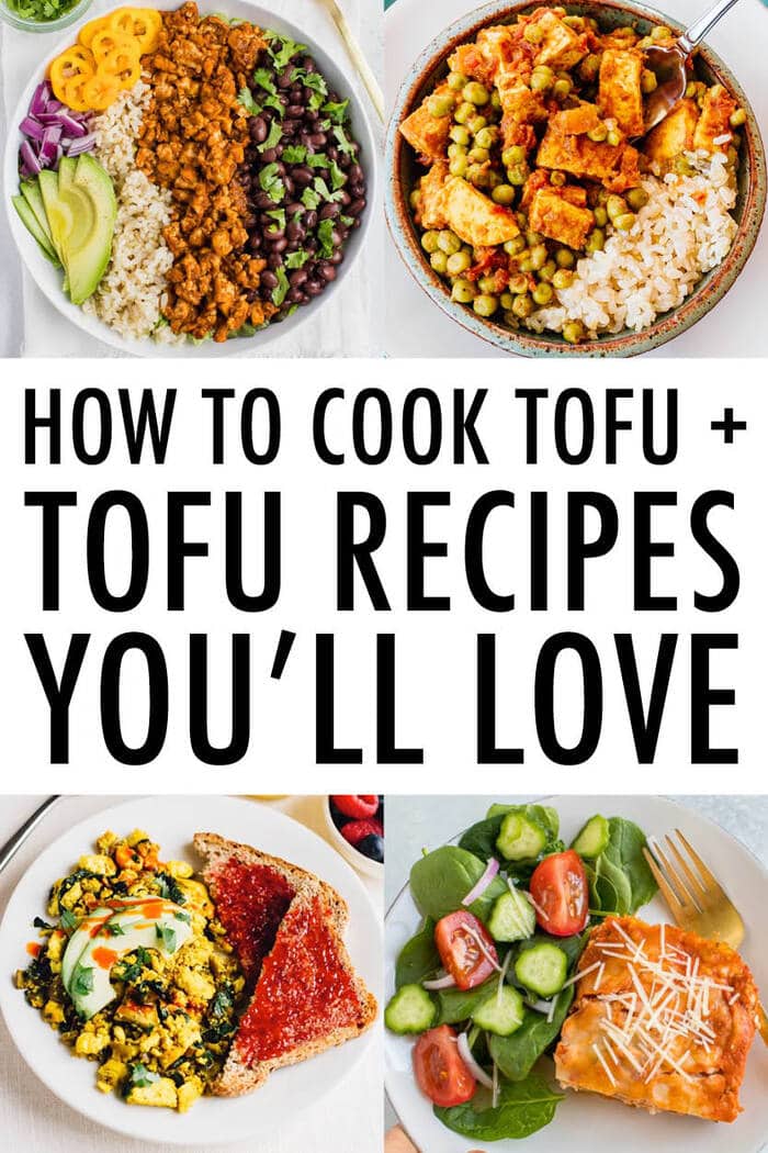 collage of photos of tofu recipes and caption