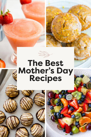 Collage of 4 photos for Mother's Day brunch recipes: strawberry froze, lemon poppyseed muffins, coconut macaroons and fruit salad.