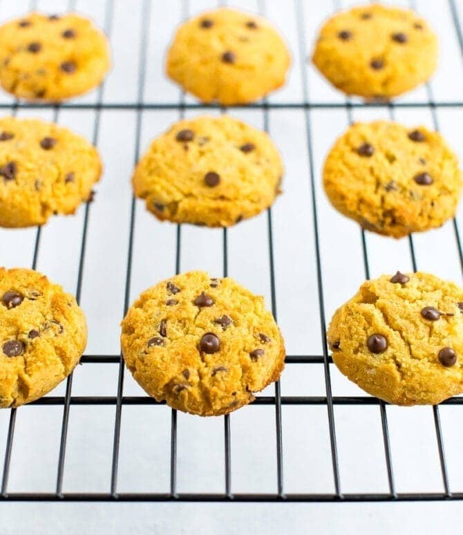 Coconut flour chocolate chip cookies on a cooling rack.