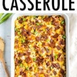 confetti chicken casserole bake din a dish and topped with bacon, melted cheese and green onions.