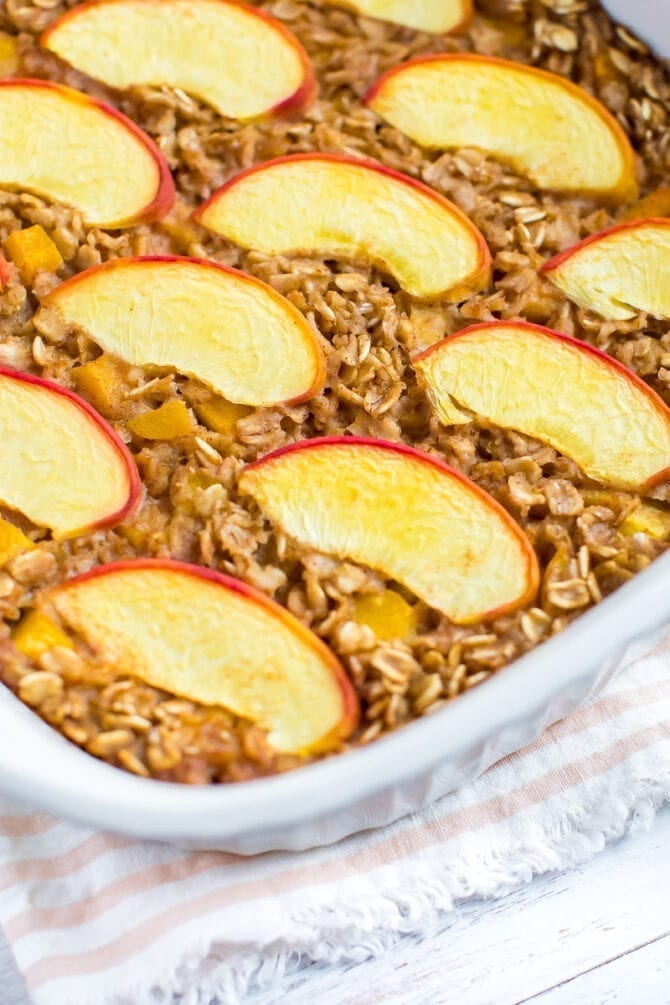 Close up photo of peach baked oatmeal.