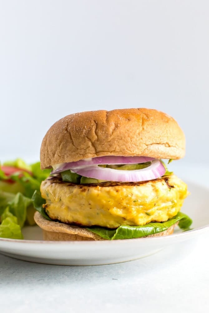 Chicken burger on a bun with red onion, avocado, and lettuce.