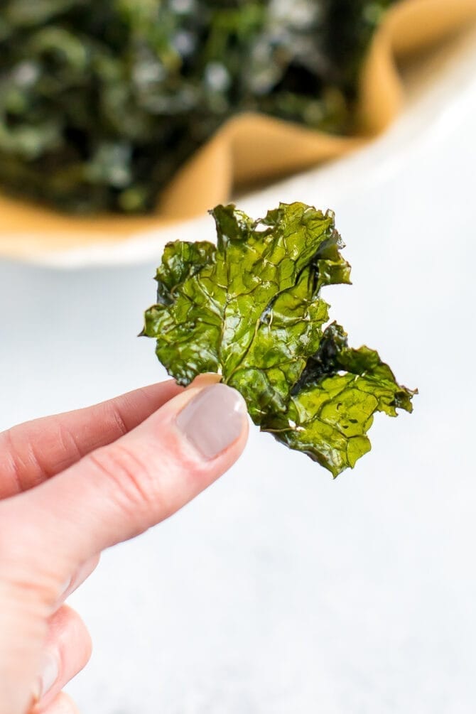 Hand holding a crispy baked kale chip