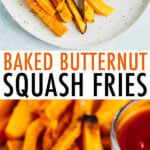 Plate of butternut squash fries topped with salt and served with ketchup.