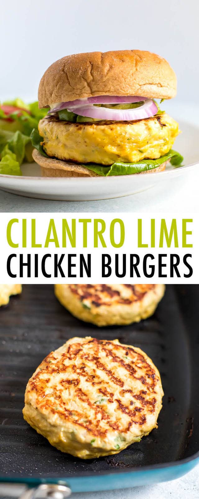 Chicken burger photo and a photo of a chicken burger cooking on a grill pan.
