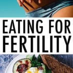 Photo of a woman with her hands on her pregnant belly in a blue bikini. Image below is a plate with greens, egg, avocado and a slice of wheat bread.