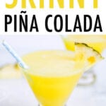 Two skinny piña coladas in glass cups with blue polka dot paper straws.